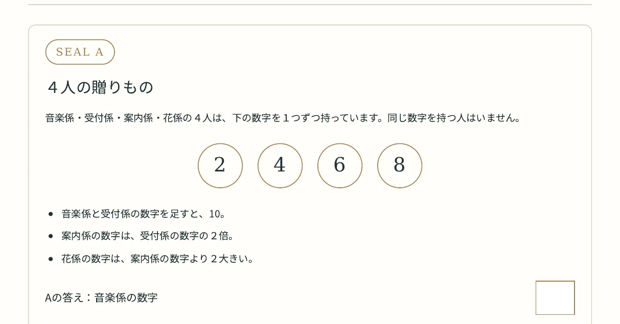 制作見本Aの問題を拡大。音楽係と受付係の合計10、案内係は受付係の2倍、花係は案内係より2大きい。問われるのは音楽係の数字