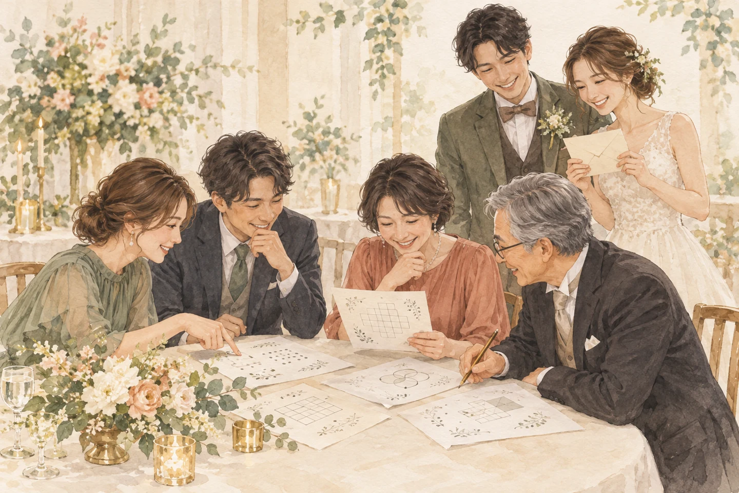 結婚式のテーブルで、大人のゲストが紙の謎を見ながら相談する演出イメージのイラスト